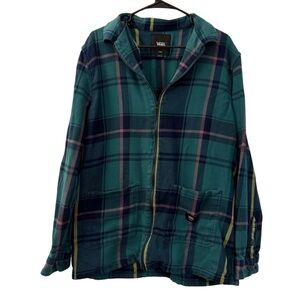 Vans Mens Full Zip Flannel Shacket, Size L, Green Teal Plaid Skate Fall Jacket